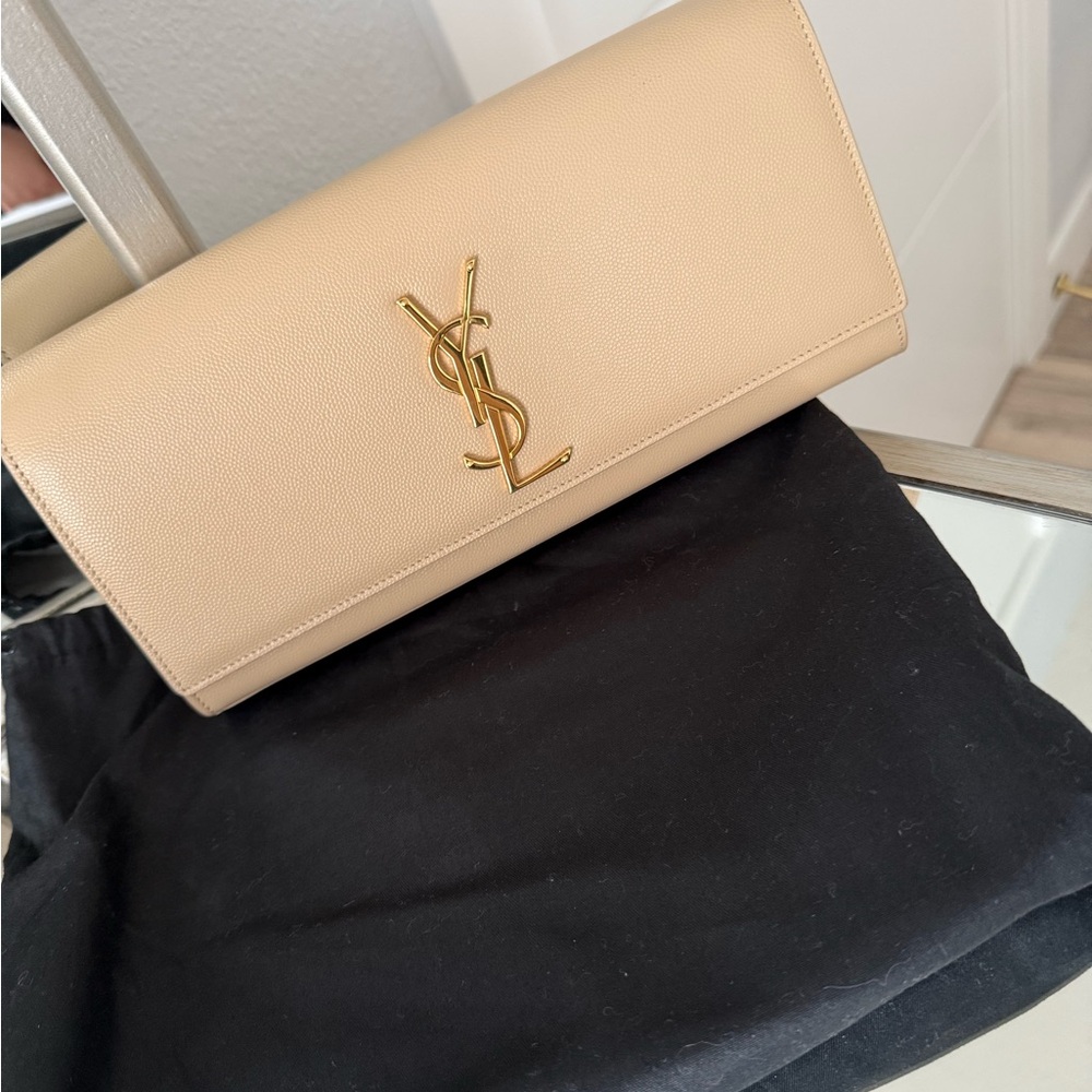 Yves Saint Laurent Tan Leather Clutch with Gold Logo